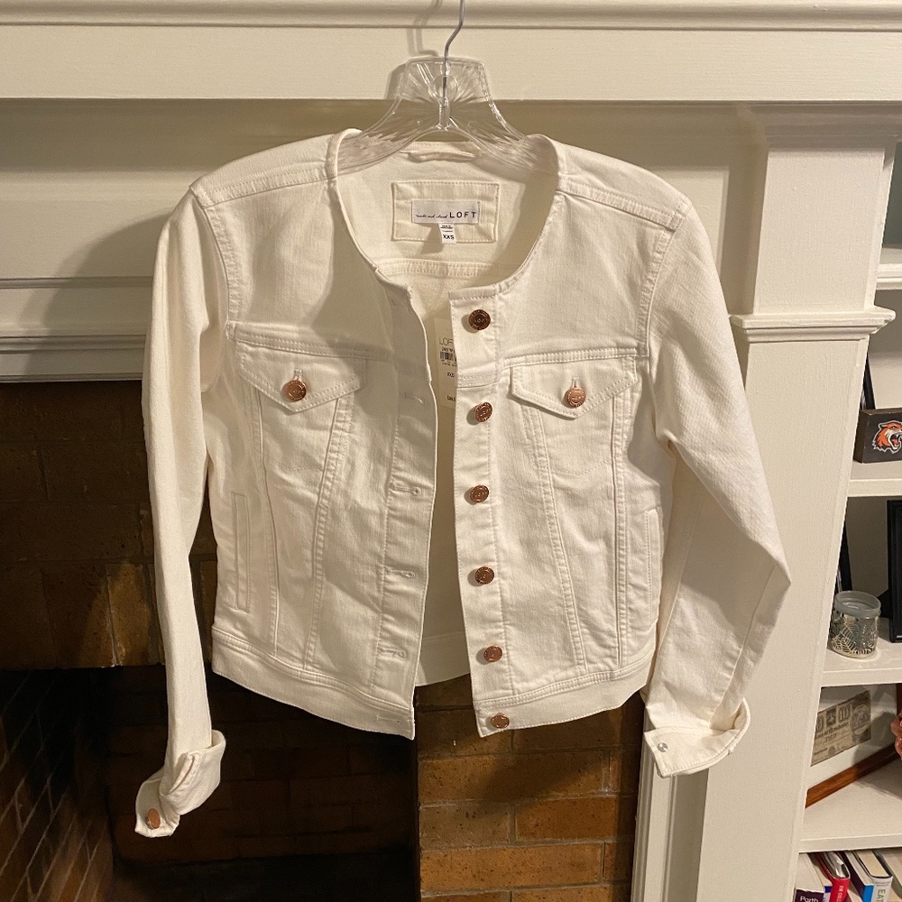 Loft White/Off-White Denim Jacket with Rose Gold Buttons NWT